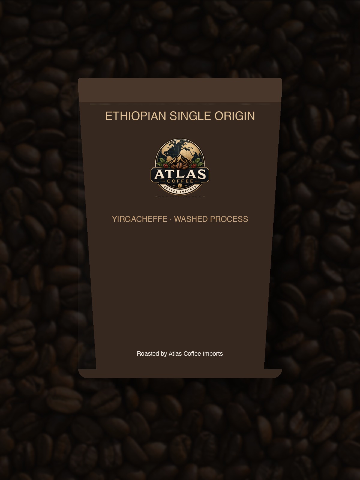 A coffee bag mockup with the Atlas Coffee Imports logo and Ethiopian single-origin label
